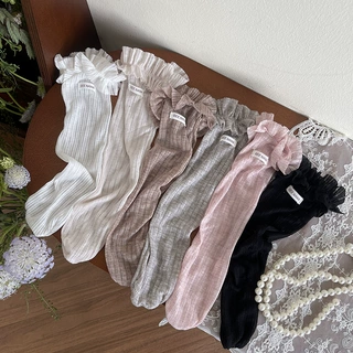 hotmoon新品韩系宽条薄棉花边字母标女儿童宝宝学生中筒堆堆袜女
