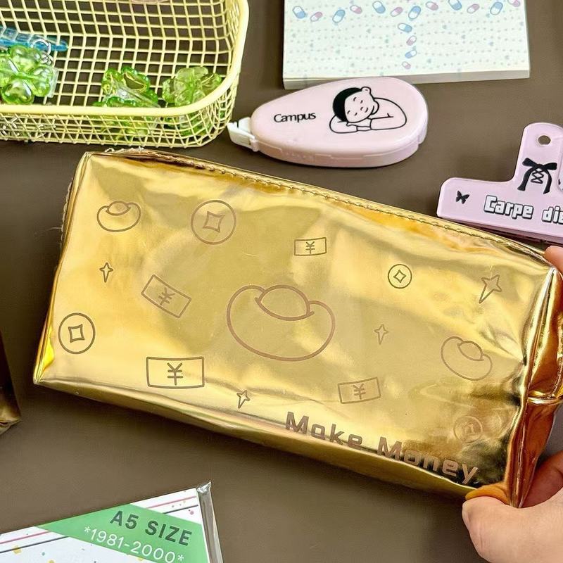 金元宝笔袋创意搞怪ins 学生通用便携耐脏防水金色发财文具收纳袋|undefined