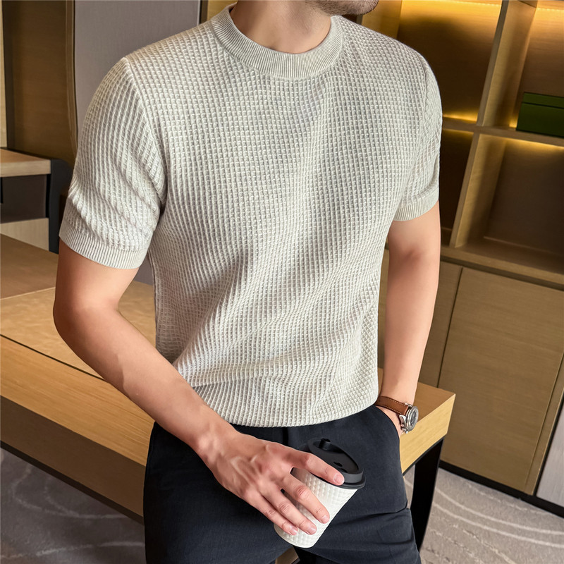 2025 Winter Light Luxury 100% Cotton ~ Skin-Friendly and Comfortable ~ Thick Waffle Knit Short Sleeve Base Shirt Men's All-Cotton Sweater