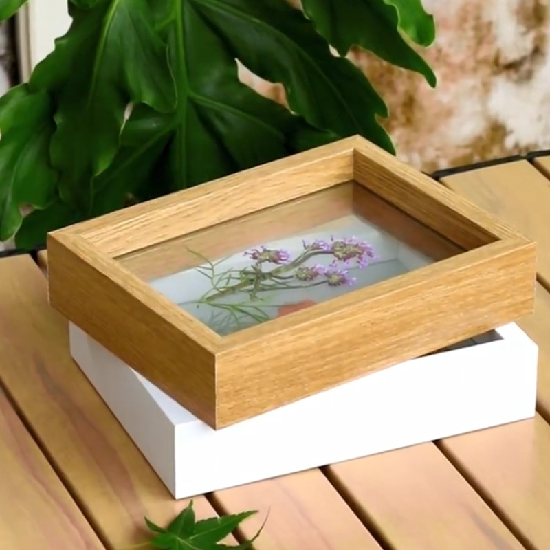 クリエイティブな手作りフォトフレーム、両面ガラスミラーフレーム、木製ドライフラワー二層標本写真木製フォトフレーム、透明額縁