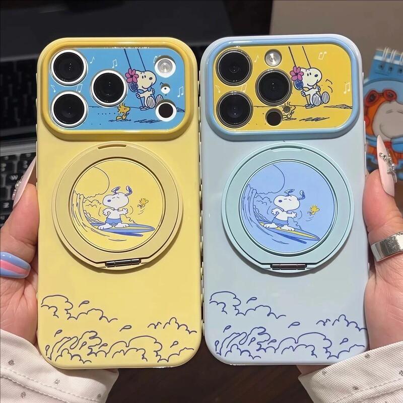 Two-tone large window surfing Snoopy rotating stand case suitable for Apple 17PROMAX cartoon full-cover phone case 18 Two-tone large window surfing Snoopy rotating stand case suitable for Apple 17PROMAX cartoon full-cover phone case 18