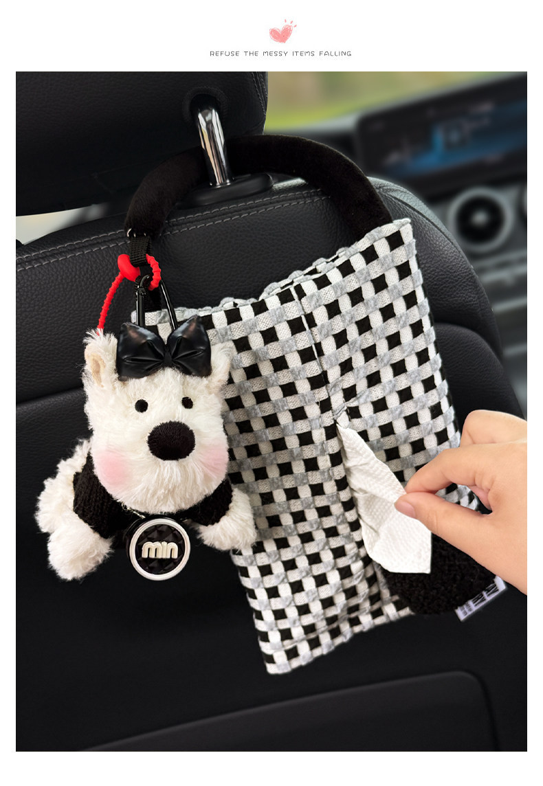 New car tissue box with West Highland puppy design, hanging car tissue holder, high-end interior seat back storage decoration
