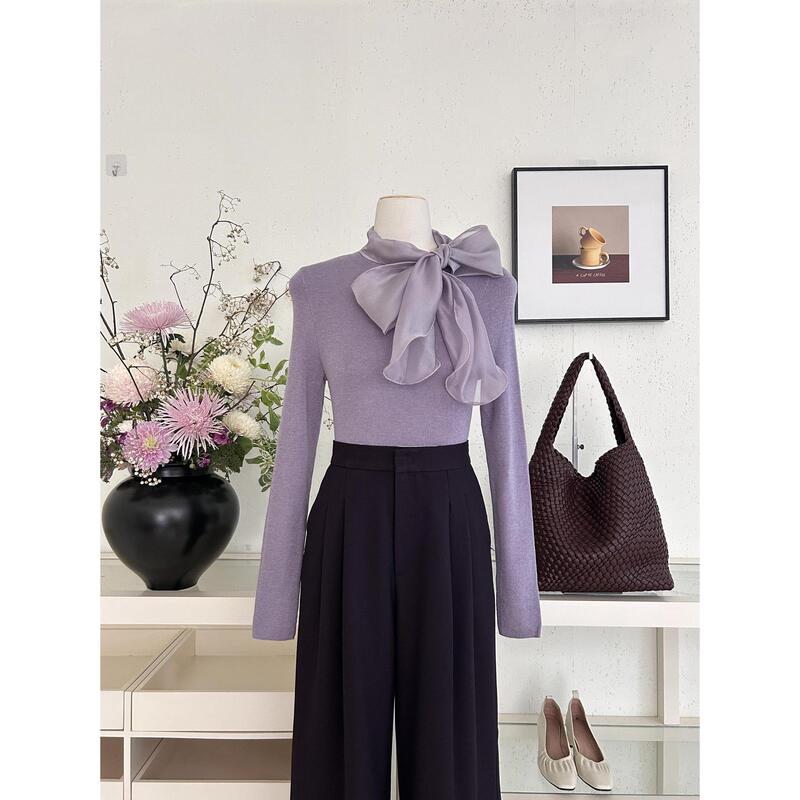 2026 French-style design knitted top with tie and bow, elegant and slimming, new autumn/winter collection
