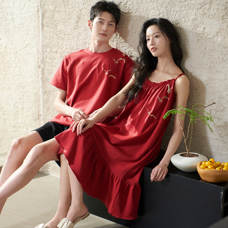 [7A 항균] 여름 순면 커플 잠옷 남성용 반팔 반바지 여성용 가슴 패드 서스펜더 중간 길이 스커트 홈웨어