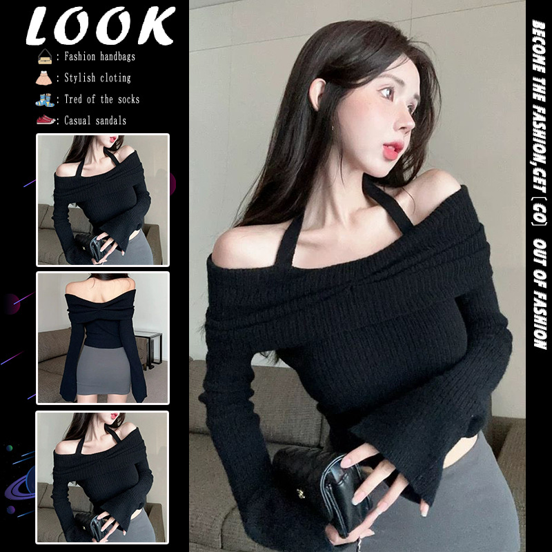 Pure Spice Girl off-shoulder Sexy Neck Top Women's Autumn and Winter Horn Sleeve Knitted Base Shirt Inner Shoulder Sweater