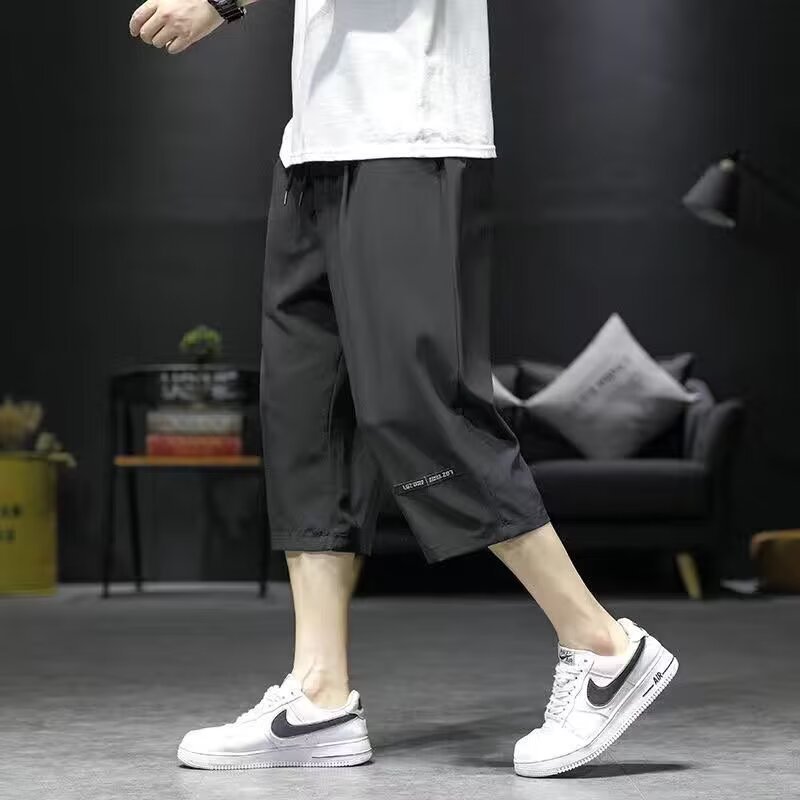 Summer Ice Silk Casual Pants for Men, Trendy Plus Size, Japanese Style, Loose Fit, Straight-Leg Sports Cropped Pants for Men