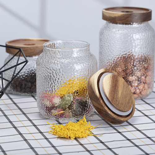 Creative Hammered Acacia Wood Storage Jar Transparent Household Kitchen Organizer for Grains, Coffee Beans, and Tea Glass Sealed Container