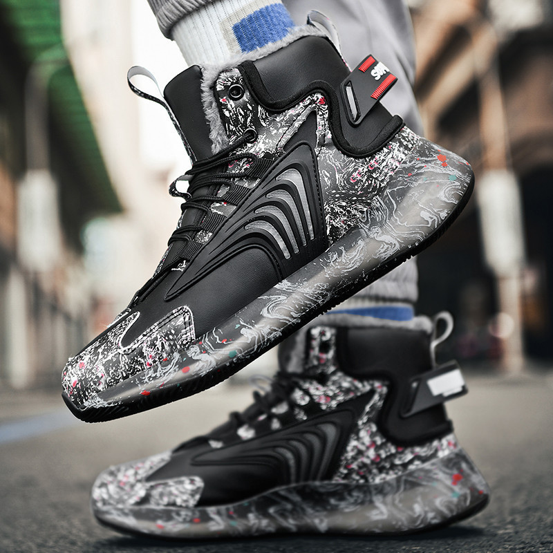 外贸大码男冬季高帮鞋子篮球鞋情侣跑步爆米花加绒潮鞋男士运动鞋