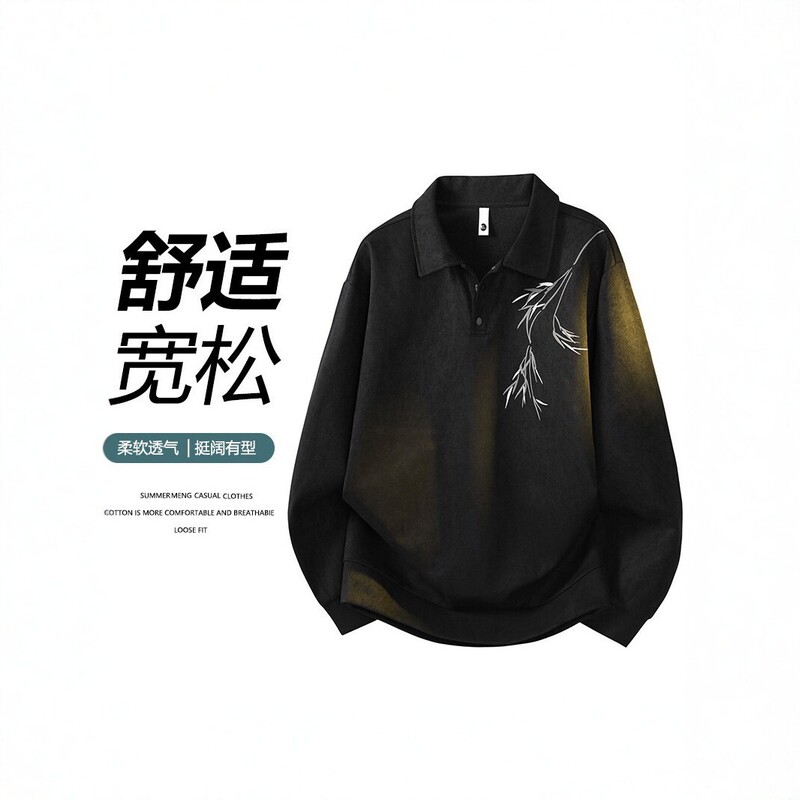 Cross-border plus-size men's turn-down collar long-sleeve sweatshirt, new spring/autumn loose-fitting embroidered Chinese-style casual top for men Cross-border plus-size men's turn-down collar long-sleeve sweatshirt, new spring/autumn loose-fitting embroidered Chinese-style casual top for men