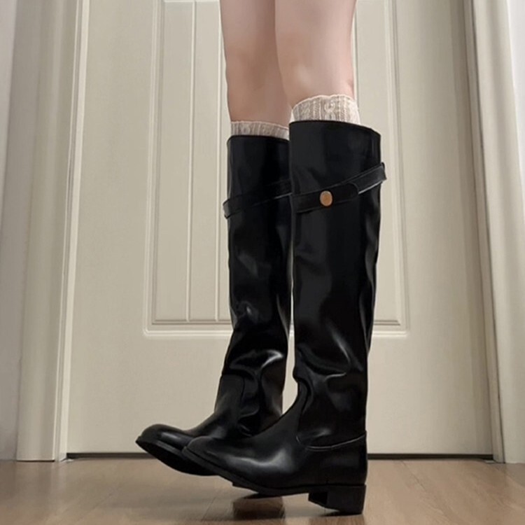 In-Stock Items~ Women's Retro Coin-Decorated Long Boots with Hidden Heels, Korean Style, Slimming, Below the Knee, High-Top, Thick-Soled Riding Boots In-Stock Items~ Women's Retro Coin-Decorated Long Boots with Hidden Heels, Korean Style, Slimming, Below the Knee, High-Top, Thick-Soled Riding Boots