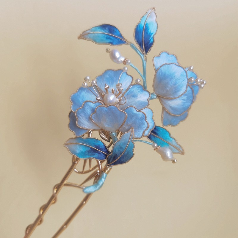 古风蚕丝渐变发钗手工掐丝绒花发簪汉服手工发饰仿点翠发饰