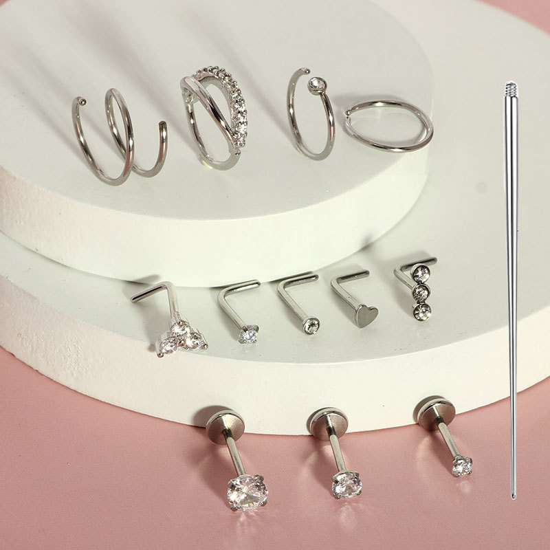 13-Piece Set Stainless Steel Nose Studs Basic Nose Rings Body Piercing Jewelry CZ Heart detail image 7