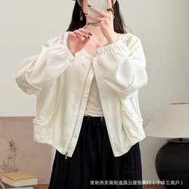 2026秋小众设计感拼接花边圆领外套女亚麻宽松休闲百搭夹克上衣