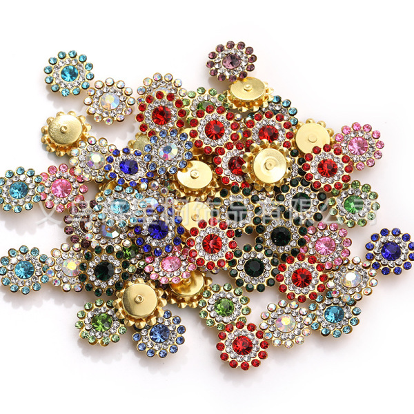14mm Sunflower Round Rhinestone Hand-Sewn Rhinestone Round Three-Layer Flower Plate Claw Rhinestone DIY Clothing Hair Accessories Crystal Accessories
