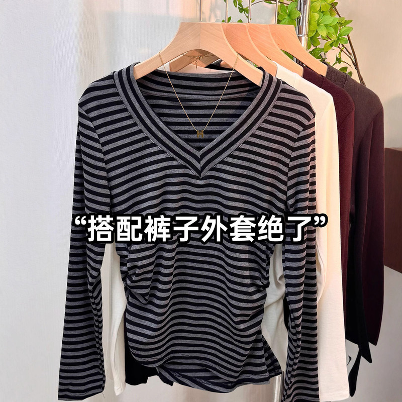 秋季新款V领开叉不规则T恤上衣女设计感小众修身百搭打底衫体恤潮|undefined