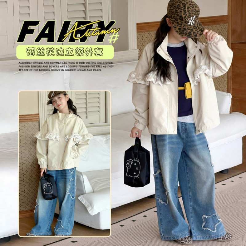 织里童装女童洋气蕾丝花边外套2026秋装新款大童时髦休闲立领风衣