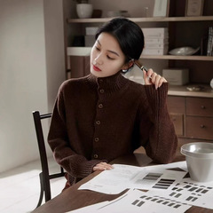法式高领100%羊毛衫女秋冬慵懒复古针织衫毛衣外套打底内外搭上衣