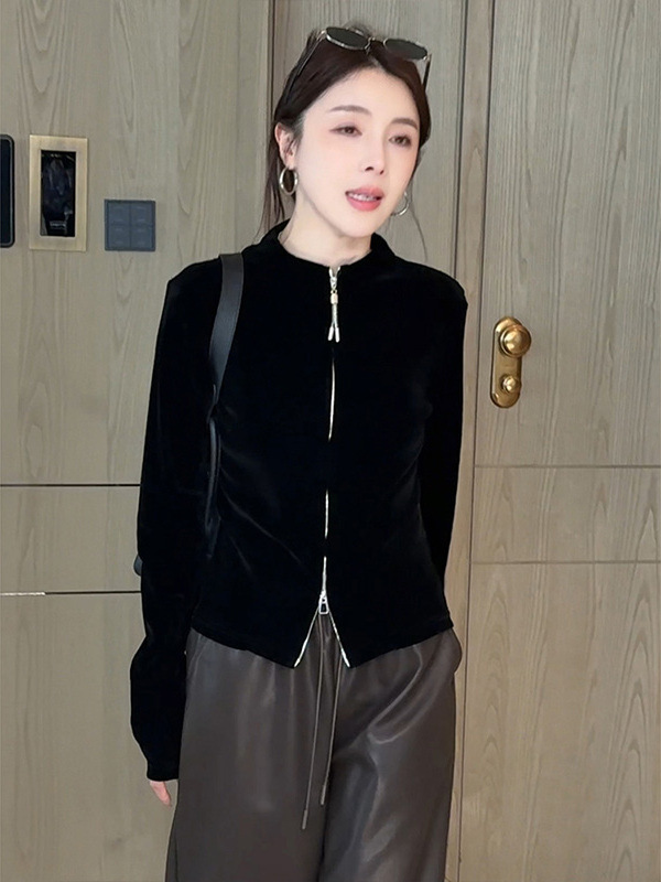 黑色双拉链丝绒长袖开衫外套女2025年秋季新款显瘦打底衫立领上衣|undefined