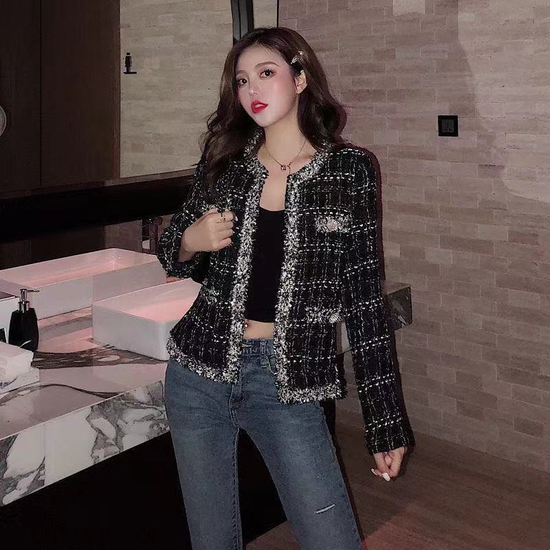 2024 Autumn Korean Hong Kong Style Tassel Lace Tweed Jacket Women's Retro Plaid Woolen Short Cardigan