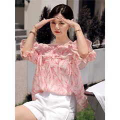 欧品のシフォンのフランスのプリントのハスの葉の襟のtシャツの夏の新型の1字の肩のゆったりしている気質の高級感の上着のファッション