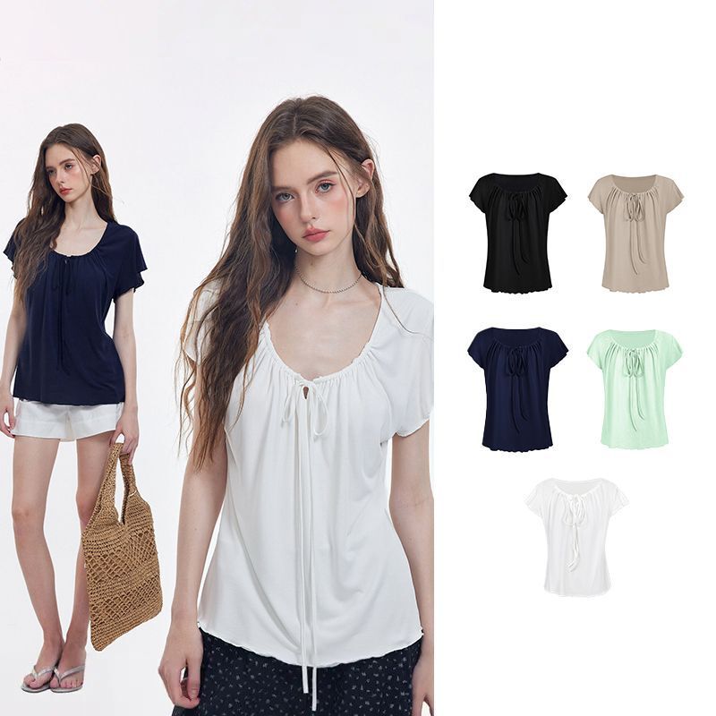 Korean-Style New Design with a Gentle and Relaxed Feel, Bow Tie Waist-Cinching Slim-Fit Short-Sleeve T-Shirt Top Korean-Style New Design with a Gentle and Relaxed Feel, Bow Tie Waist-Cinching Slim-Fit Short-Sleeve T-Shirt Top