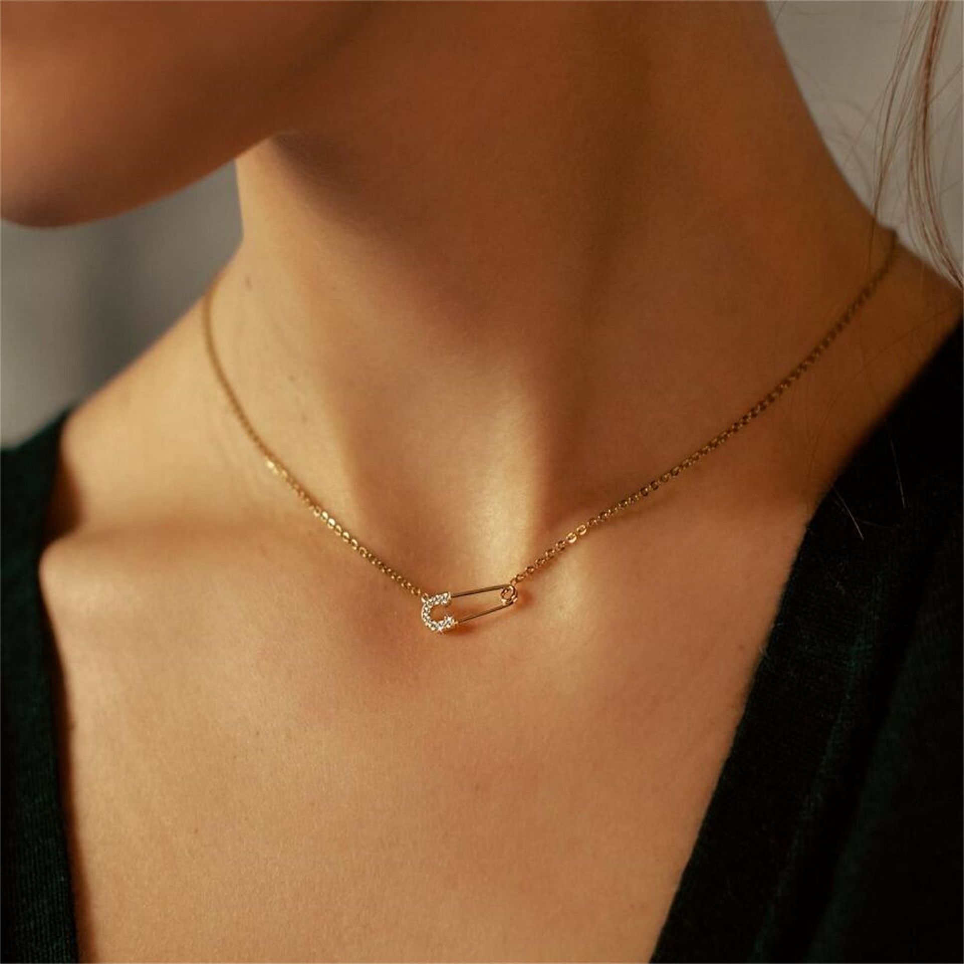 Fashion Paper Clip Copper Necklace Artificial Rhinestones Copper Necklaces