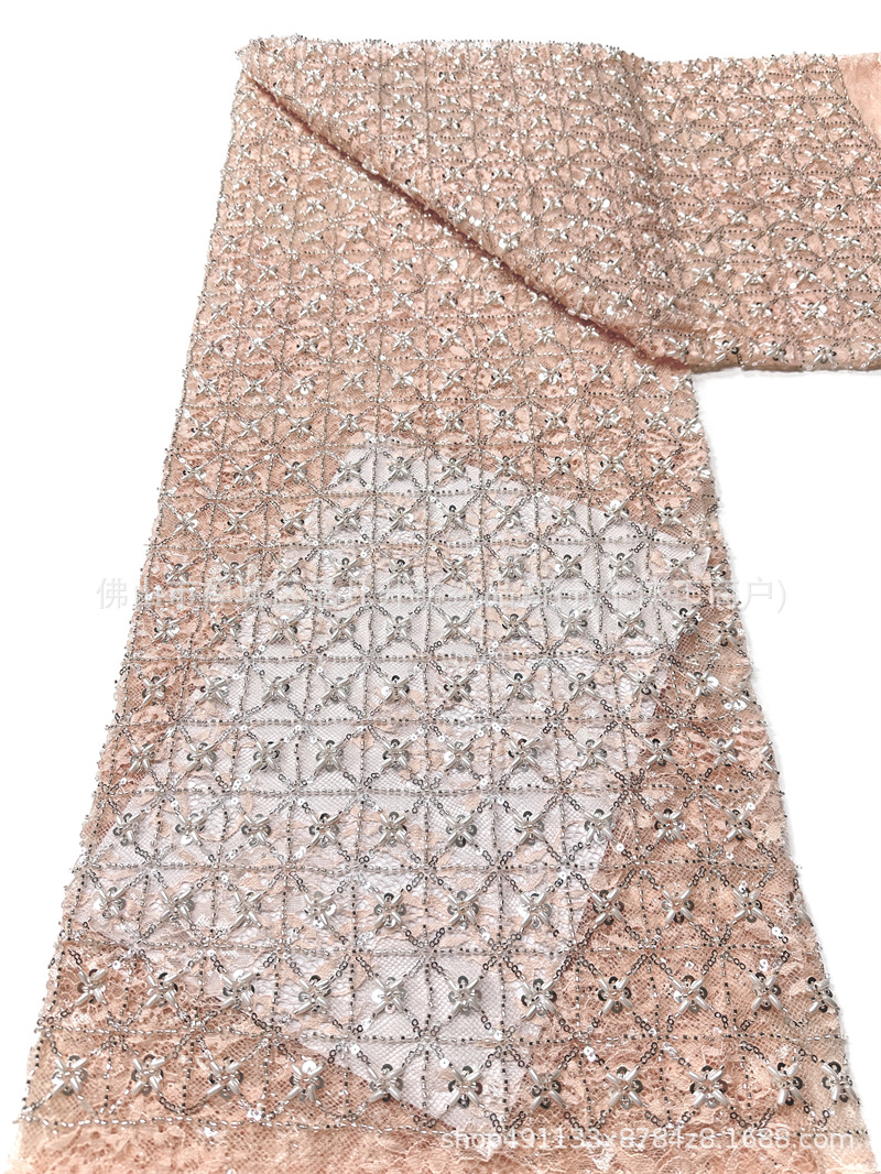 Blanco pesado clavos de cuentas sequinilla tela de encaje cuadrilátero cosido a mano perla sequinilla vestido tela