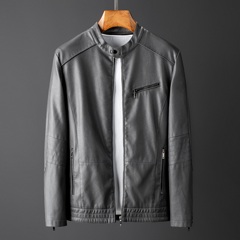 Men's standing collar Korean version slim fit handsome autumn and winter plus velvet motorcycle leather men's jacket_voghion.com