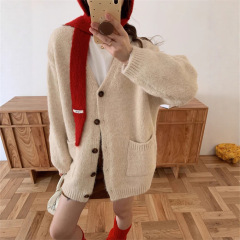 慵懒风大码休闲V领毛衣外套女秋冬新款韩版宽松软糯针织开衫上衣