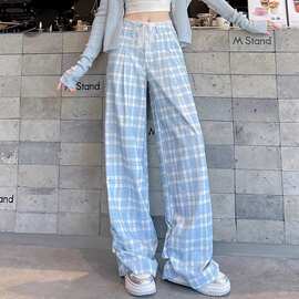 蓝色格子阔腿高腰裤女2026休闲裤新款慵懒宽松显瘦蕾丝花边图片色
