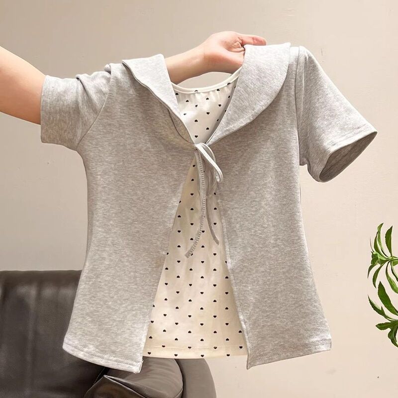 Plus-size doll collar polka dot faux two-piece tie-up short-sleeve t-shirt for women, new summer design, slim-fit and flattering top Plus-size doll collar polka dot faux two-piece tie-up short-sleeve t-shirt for women, new summer design, slim-fit and flattering top