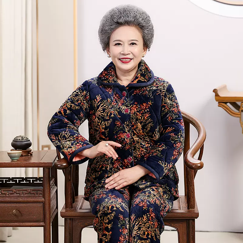 睡衣女士冬季秋冬法兰绒加绒家居服冬季中老年加厚大码保暖妈妈装