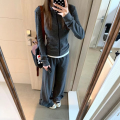 灰色条纹开衫修身套装女款早秋穿搭收腰立领上衣显瘦韩系运动套装
