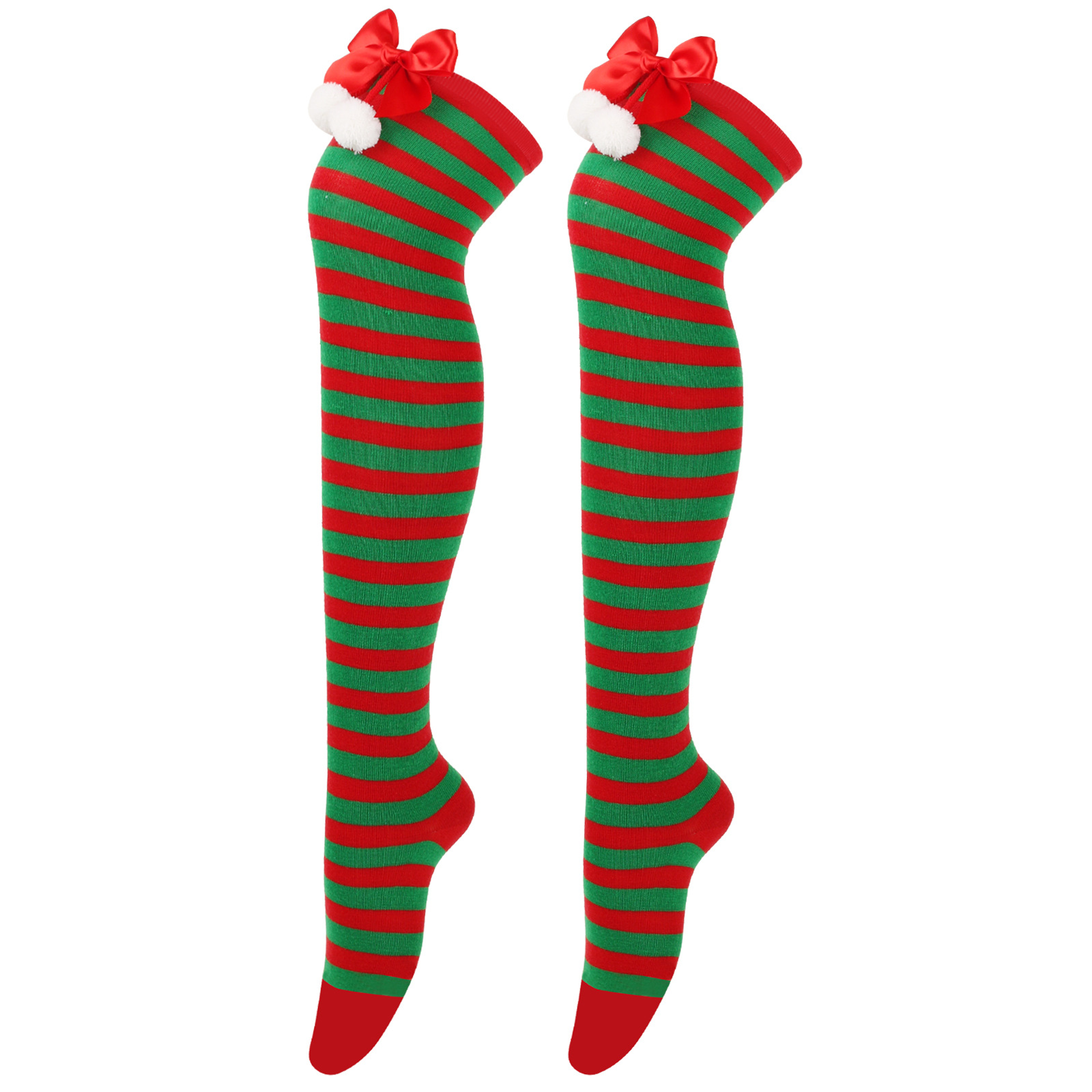 Calzini natalizi unisex con fiocco, calzini a palla, sopra il ginocchio, calzini lunghi da donna, calzini natalizi a righe_voghion.com