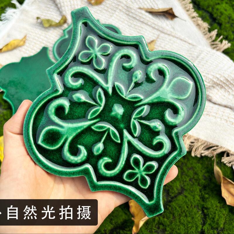 French-Style Vintage Embossed Lantern Handmade Brick for Guesthouse Kitchen, Green Wine Red Gold Restaurant Shop Facade Background Wall Tiles