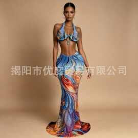 设计感水钻露腰挂脖背心长裙套装欧美派对酒会礼服舞台装浮生若梦
