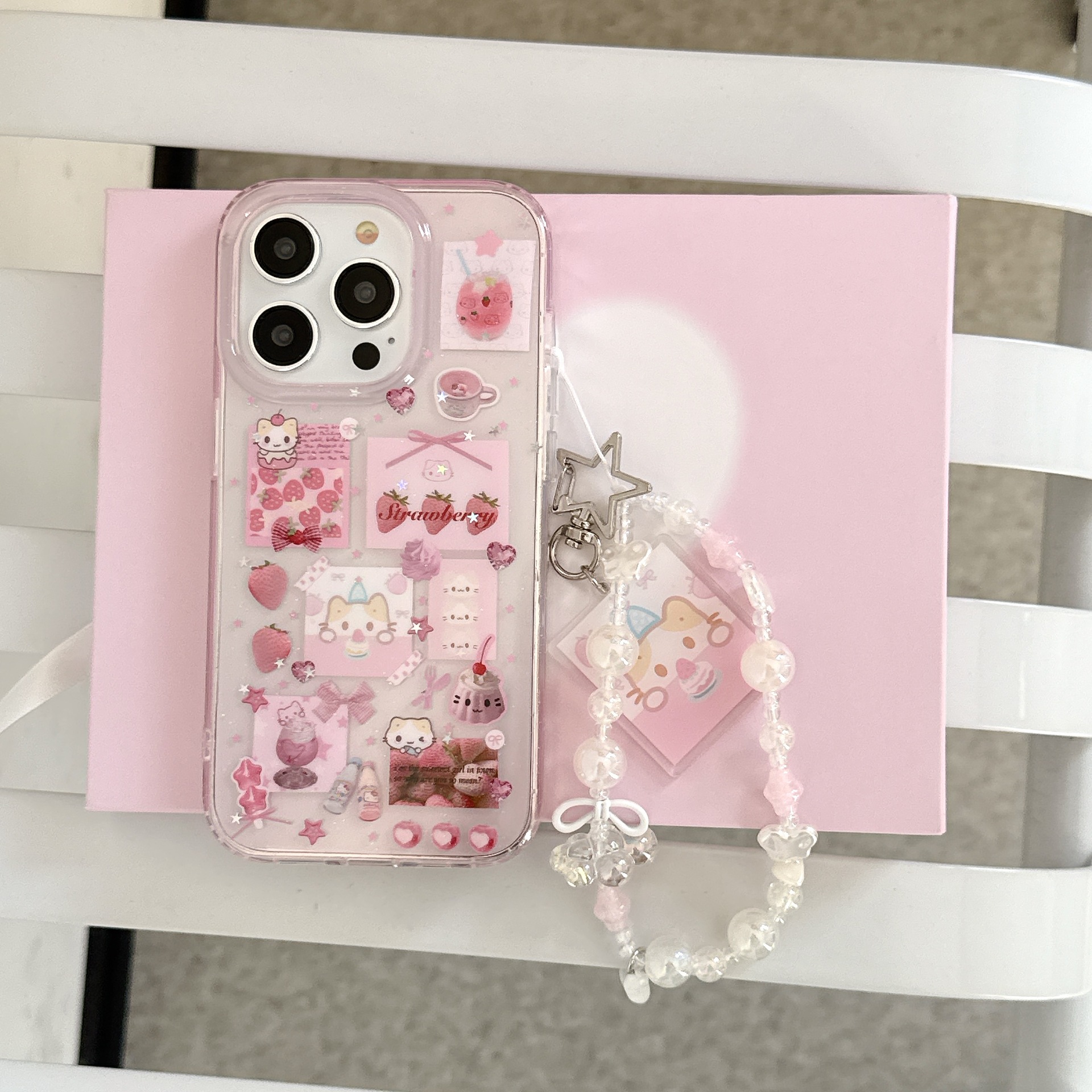 Lindo brillo niña corazón fresa malvaviscos apple 16ProMax funda para teléfono móvil cadena 15Pro 14/13