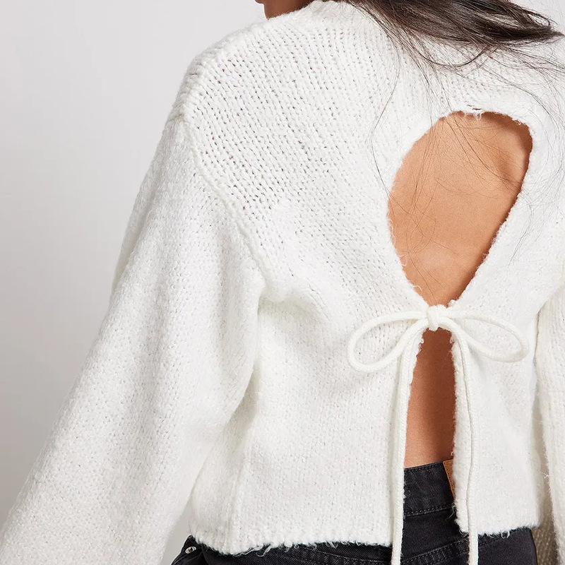 Suéter de punto con cordones en la espalda, estilo europeo y americano, para otoño e invierno, cuello redondo, manga larga, sexy, corto y versátil, top para chicas modernas