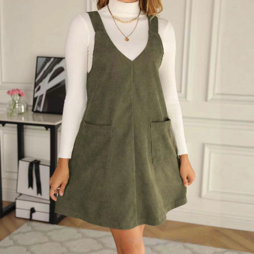 2026 European and American New Fashion Commuting Leisure Slimming V-Neck Pockets Solid Color Corduroy Belted Dress for Women
