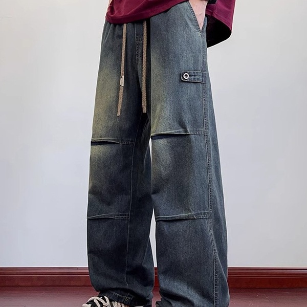 Vaqueros plisados estadounidenses para hombres verano nuevo estilo calle alta suelta recta adolescente transpirable casual recto mono recto