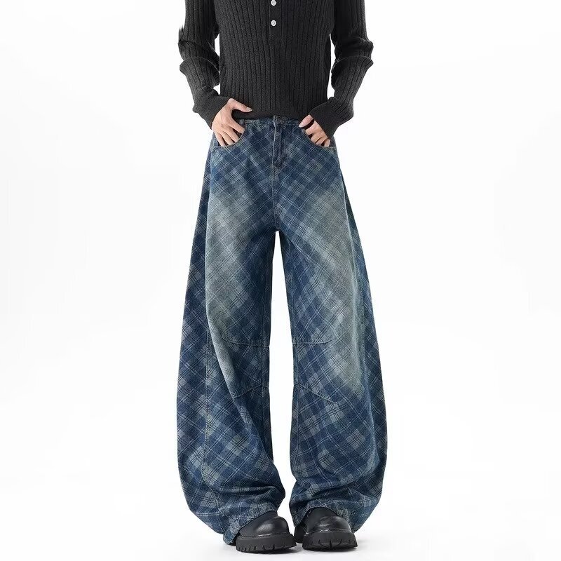 American Retro Washed Plaid Color-Block Jeans for Men, Autumn Trendy Brand, Distressed Loose Wide-Leg Scimitar Long Pants