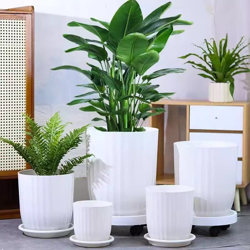 樹脂シンプルなプラスチック緑の植木鉢家庭用大型特大屋内リビングルーム縦縞植木鉢緑の植物模造セラミック|undefined