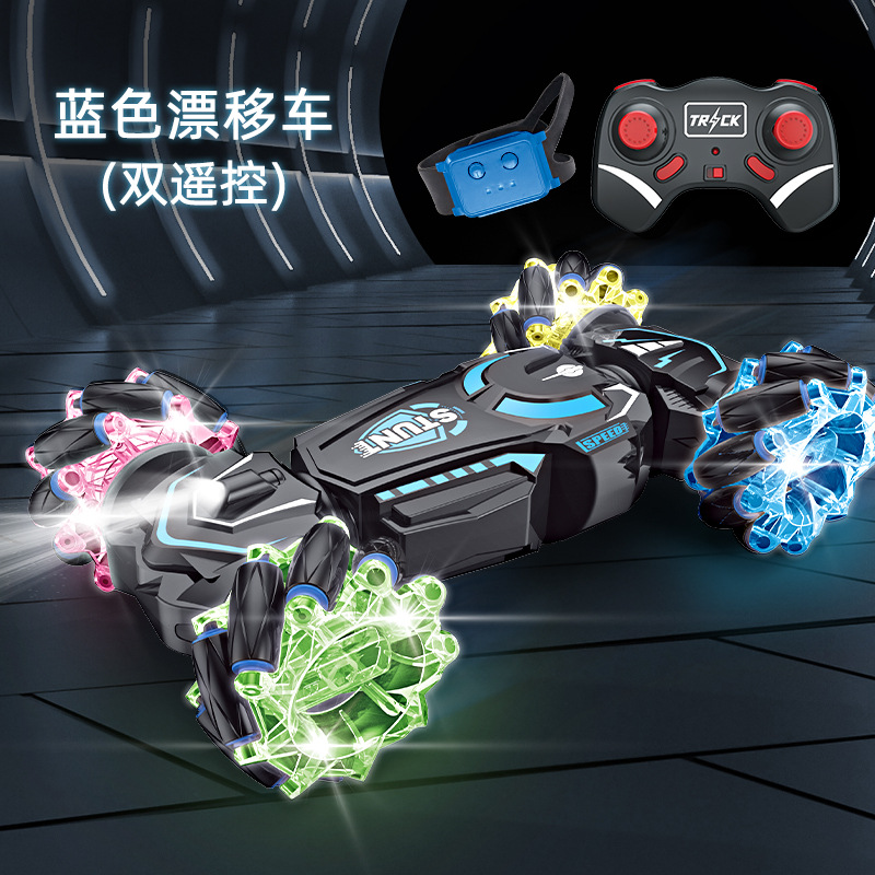 Transfronterizos acrobacias de control remoto de doble cara rueda de luz nocturna luces de deriva lateral fresca música recargable coche de juguete de cuatro tracciones