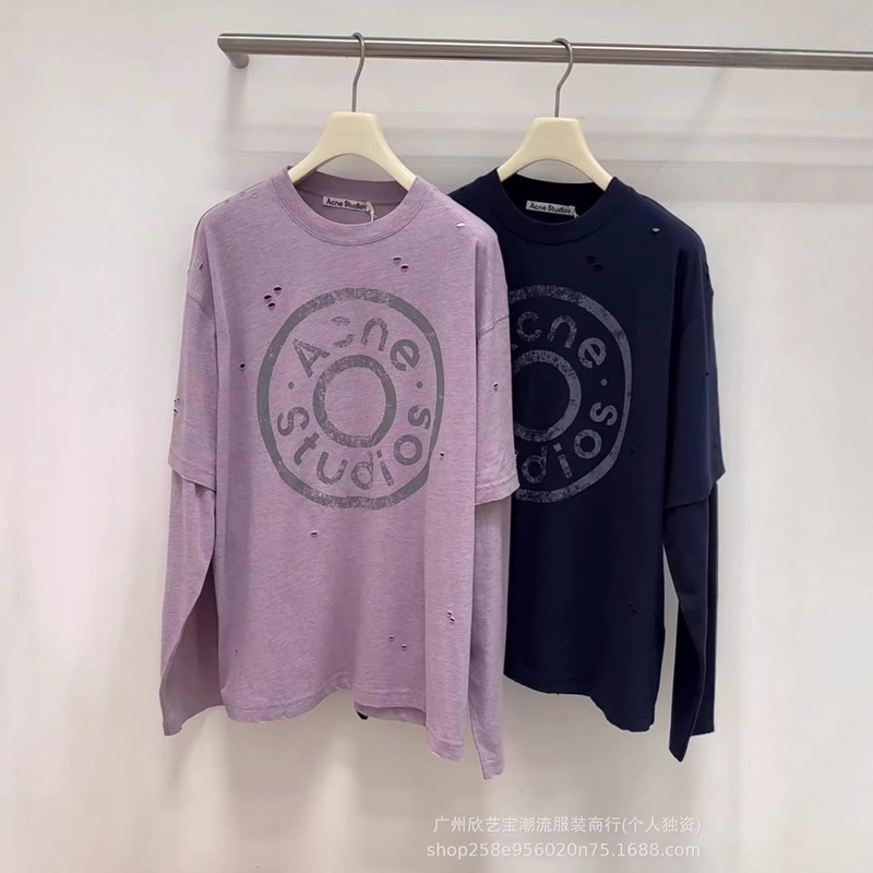 Correct Version Ac2026 Early Spring New Style Button Print Vintage Fake Two-Piece Long-Sleeve T-Shirt Unisex Japanese and Korean Casual Style