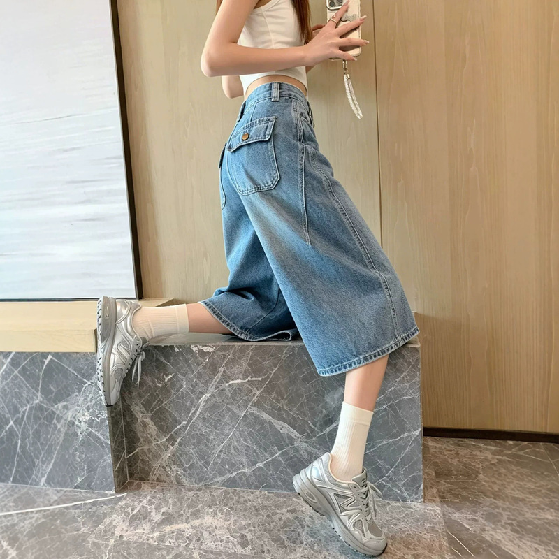 American retro style women's cropped wide-leg jeans, 2026 summer thin high-waisted slimming loose straight six-point mid-length pants American retro style women's cropped wide-leg jeans, 2026 summer thin high-waisted slimming loose straight six-point mid-length pants