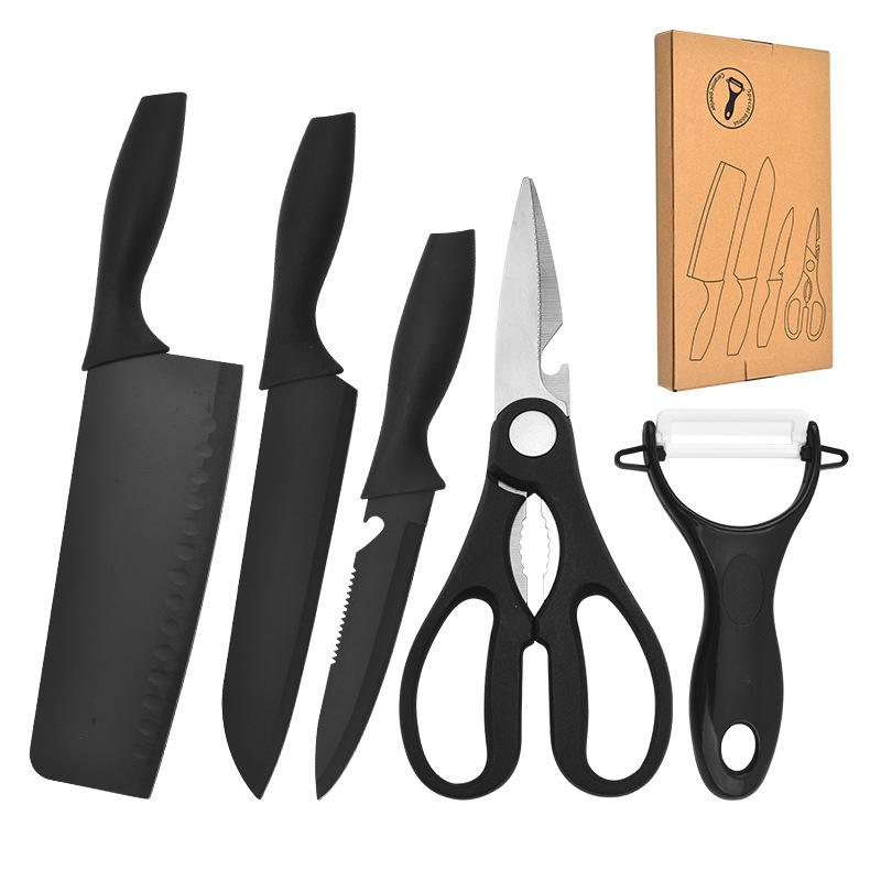 Venta al por mayor directa traje de cuchillo de cocina pintura en aerosol de acero inoxidable conjunto de cinco piezas regalo cuchillo de cocina conjunto completo combinación