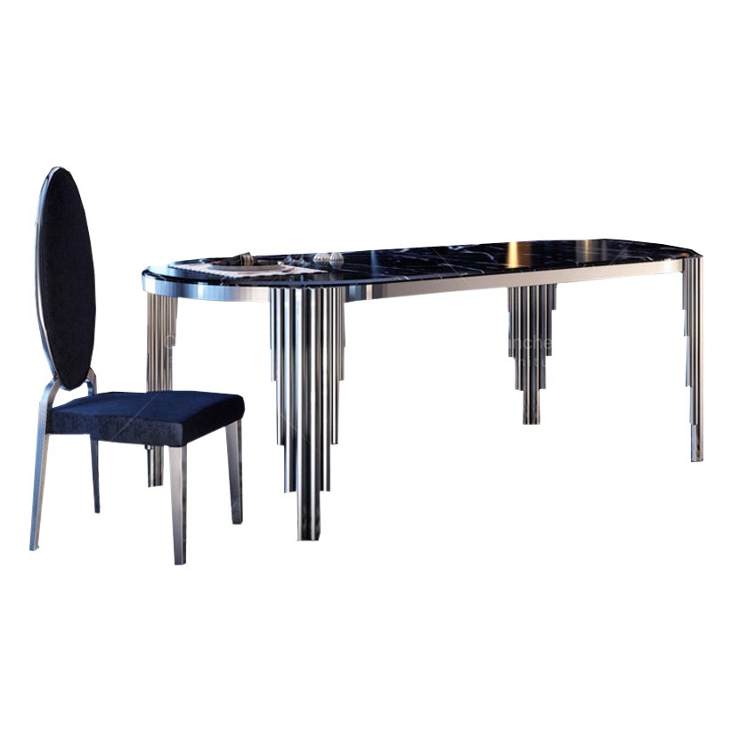 Mesa de Comedor Ovalada de Mármol Artificial y Acero Inoxidable, Desmontable, para Restaurante