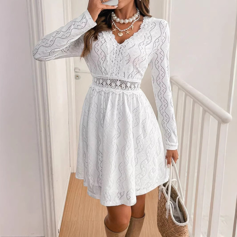 Cross-Border Foreign Trade 2026 Elegant Women's Solid Color Lace Patchwork Mini Vacation Dress Scalloped Edge Sun Dress Cross-Border Foreign Trade 2026 Elegant Women's Solid Color Lace Patchwork Mini Vacation Dress Scalloped Edge Sun Dress