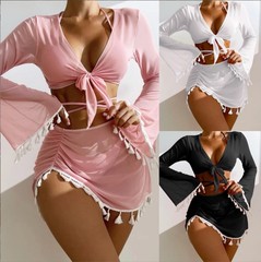 2023 Cross-border Split Bikini Swimwear Sexy Four-Piece Set with Fringe Bikini Net Sheer Skin Influencer Vacation