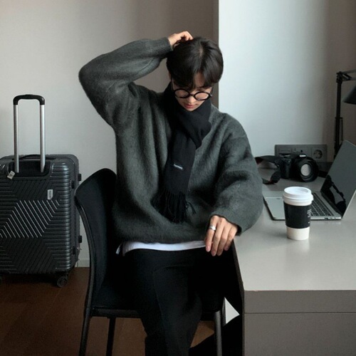 MYQ Mohair Lazy Sweater for Men - Winter Thick Crewneck Base Layer Sweatshirt - Korean Style Loose Soft Plush Knit Sweater